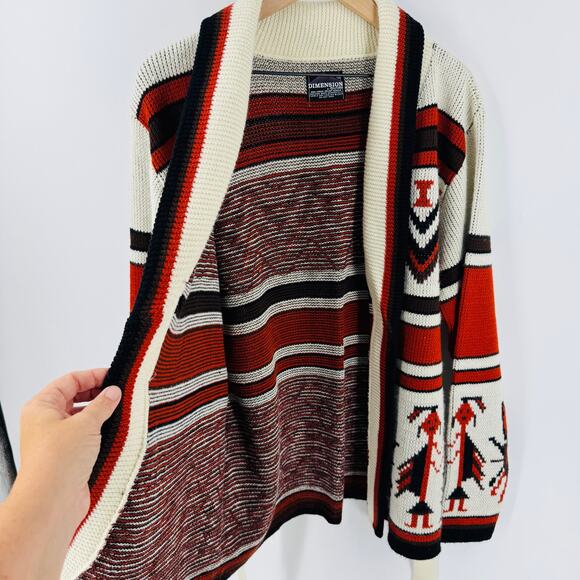 Dimensions Cardigan Sweater Large Belted Aztec Southwestern Knit Boho Wrap - Picture 4 of 6